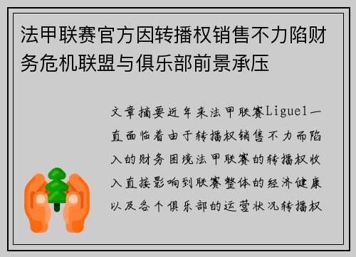法甲联赛官方因转播权销售不力陷财务危机联盟与俱乐部前景承压